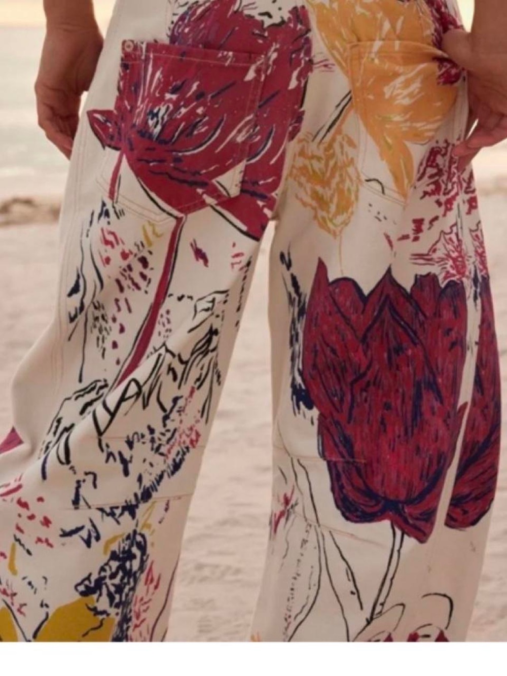 Free People Cream Wide-Leg Pants with Red & Yellow Floral Sketch Print